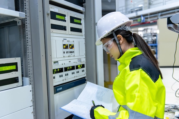 Electrical engineer woman checking voltage at the power
distribution cabinet in the control roompreventive maintenance
yearlythailand electrician working at company