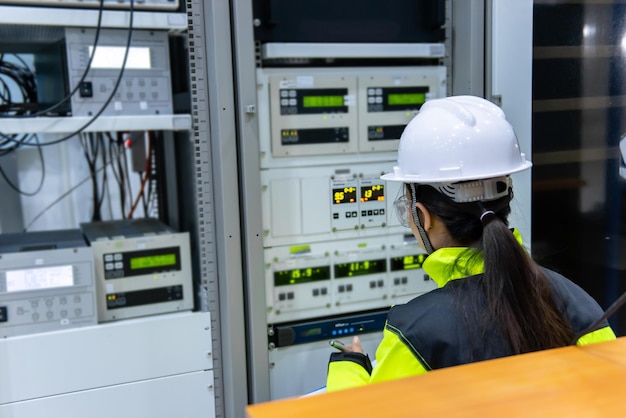 Electrical engineer woman checking voltage at the power\
distribution cabinet in the control roompreventive maintenance\
yearlythailand electrician working at company