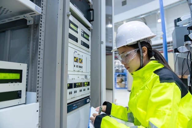 Electrical engineer woman checking voltage at the power\
distribution cabinet in the control roompreventive maintenance\
yearlythailand electrician working at company