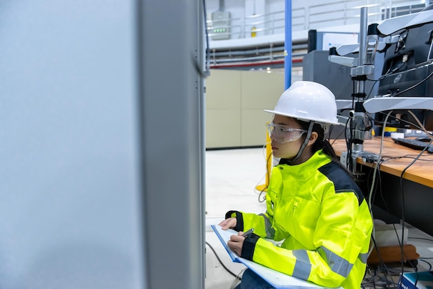 制御室の配電キャビネットで電圧をチェックする電気技師の女性予防保守毎年タイの電気技師が会社で働いています