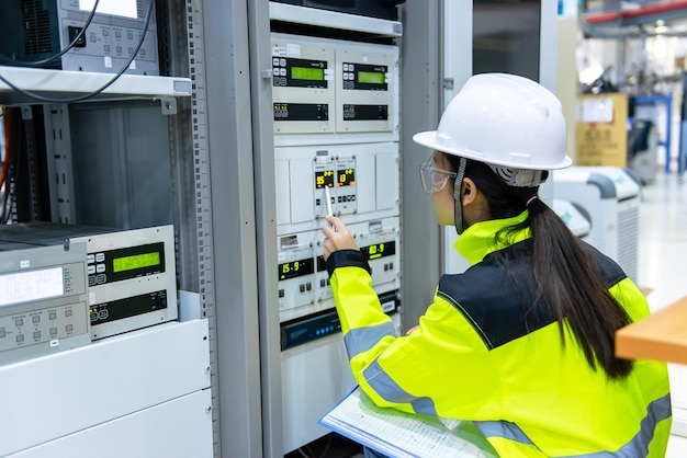 制御室の配電キャビネットで電圧をチェックする電気技師の女性予防保守毎年タイの電気技師が会社で働いています