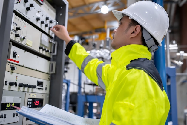 Electrical engineer woman checking voltage at the power\
distribution cabinet in the control roompreventive maintenance\
yearlythailand electrician working at company