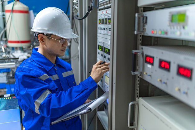 Photo electrical engineer woman checking voltage at the power distribution cabinet in the control roompreventive maintenance yearlythailand electrician working at company