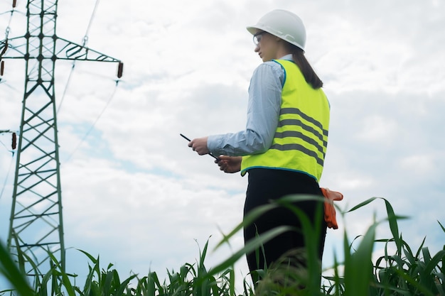 電気技師の女性高電圧電力産業の電気技師労働者の作業エネルギーの概念