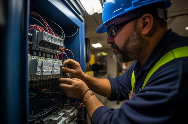 Инженер-электрик, работающий в серверной комнате сети Концепция электротехники