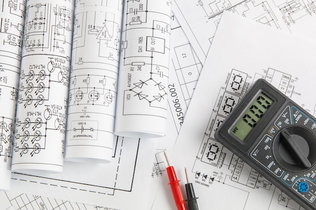 Electrical engineering drawings and digital multimeter