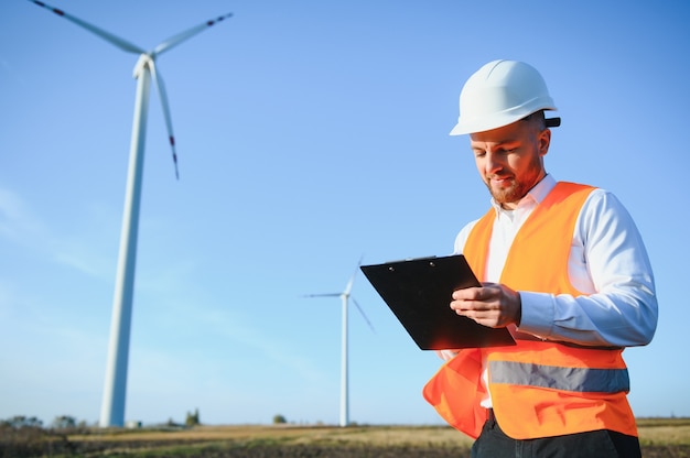 Electrical engineers working at wind turbine power generator station with laptop computer