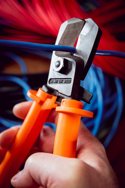 Electrical equipment. Electricity cable and crimper. 