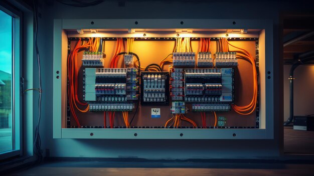 Photo electrical panel with open box electrical service technician