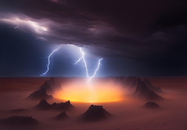 An electrical storm in a vast desert landscape