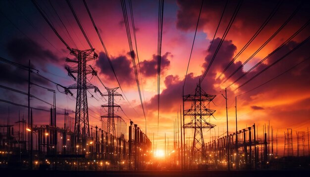 Electrical Substation Silhouette Vibrant Sunset Glow