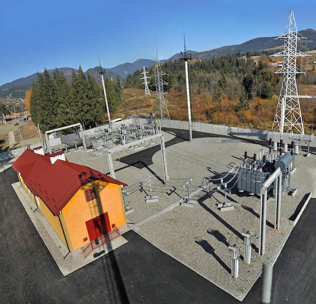 Electrical substation with high voltage equipment in the mountains