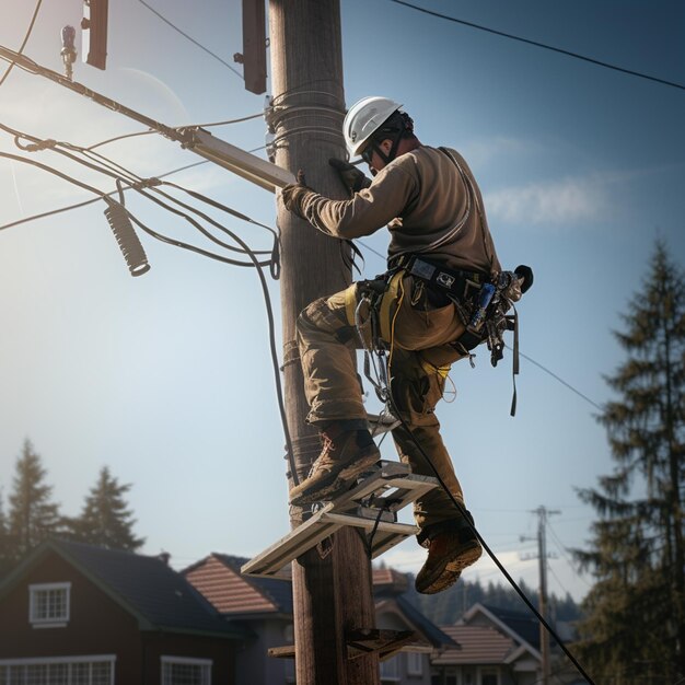 the electrical worker ascending a utility pole with safety equipment Generative AI