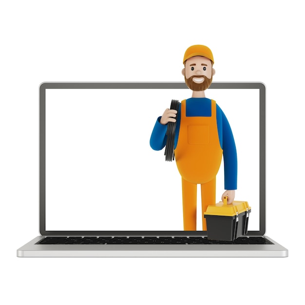 Photo electrician builder in laptop screen husband for an hour an electrician plumber carpenter calls the foreman to work 3d illustration in cartoon style