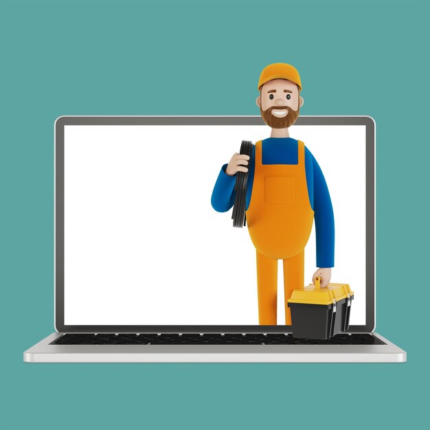 Electrician builder in laptop screen Husband for an hour An electrician plumber carpenter calls the foreman to work 3D illustration in cartoon style