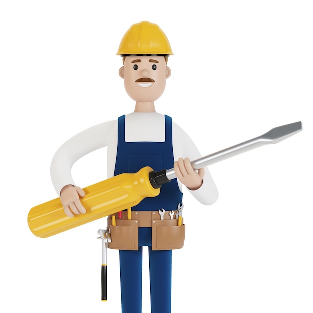 Electrician builder with a large screwdriver in his hands 3D illustration in cartoon style