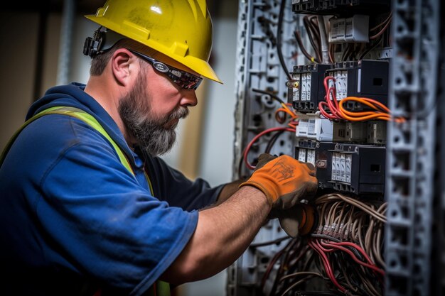 Foto elettricista che cabla accuratamente un sistema elettrico di un edificio ai generativa