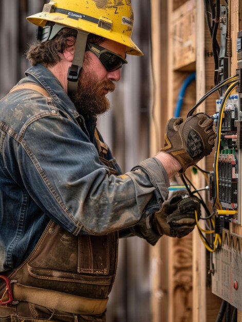 an electrician clad in overalls and a hard hat is depicted meticulously attending to an electrical