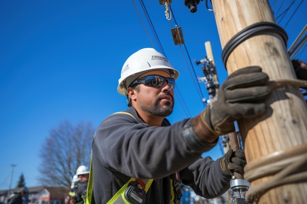 Photo electrician climbing a utility pole