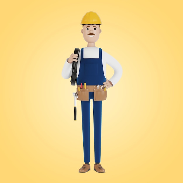electrician construction worker with tools and with a wire 3d illustration in cartoon style.