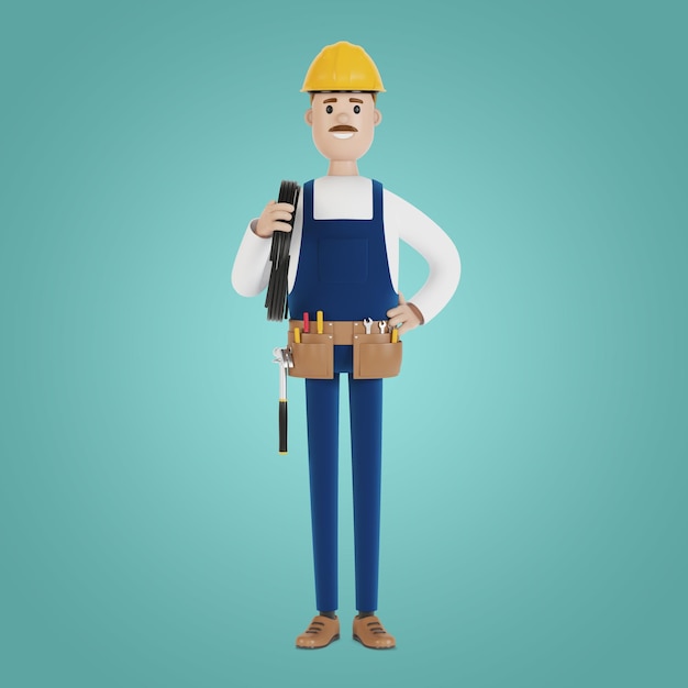 electrician construction worker with tools and with a wire 3d illustration in cartoon style.