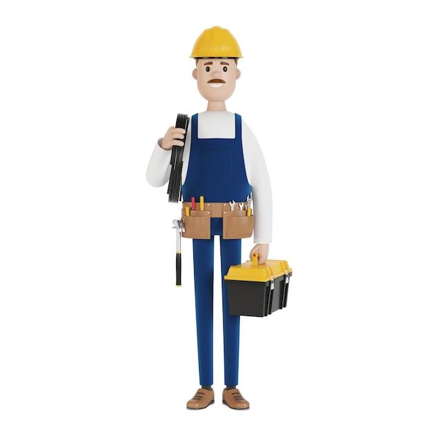 Photo electrician construction worker with tools and with a wire 3d illustration in cartoon style.