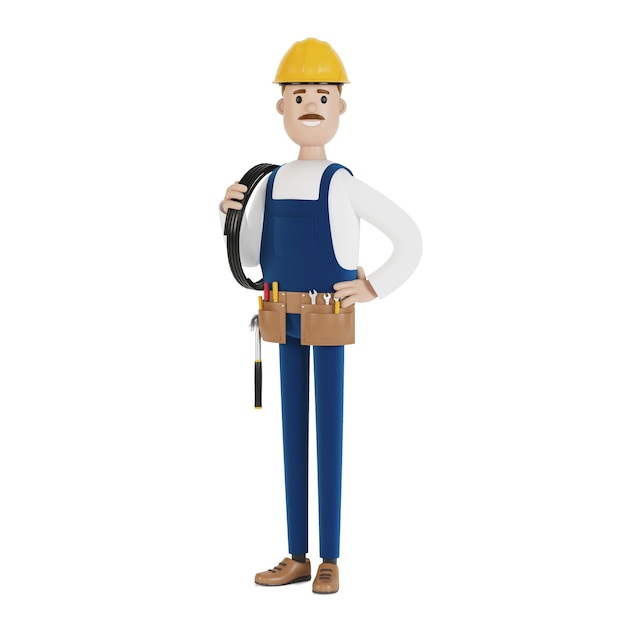 Electrician construction worker with tools and with a wire 3D illustration in cartoon style.