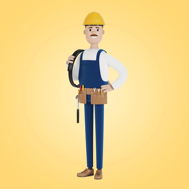 electrician construction worker with tools and with a wire 3d illustration in cartoon style.