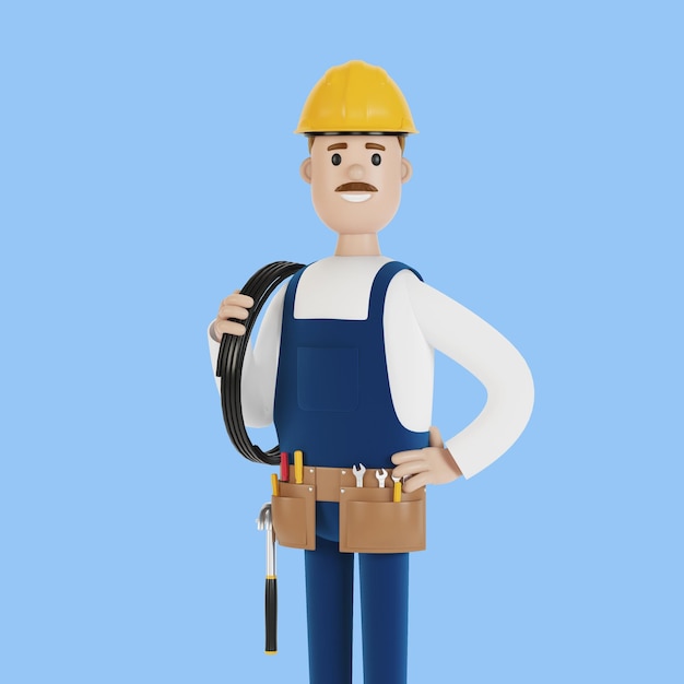 Electrician construction worker with tools and with a wire 3D illustration in cartoon style