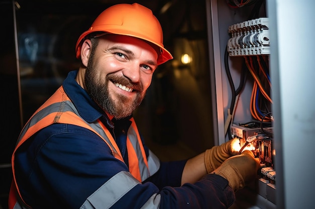 Electrician engineer fix switchboard electrical connecting cable Man in uniform helmet inspect maintain switch socket circuit breaker panel fix electric fuse system Home service Power outage