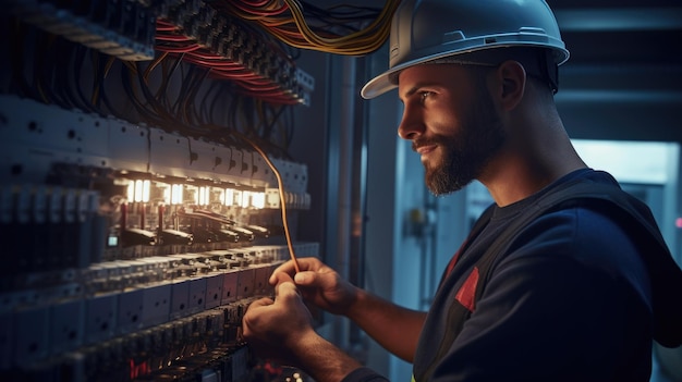 Electrician engineer in hard hat tests electrical installations