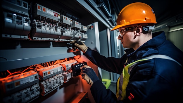 Electrician engineer man repairs wiring in electrical switchboard panel troubleshooting an electrical station