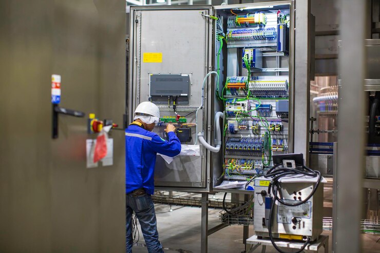 Photo electrician engineer tests electrical box control machine installations and wires on inside factory