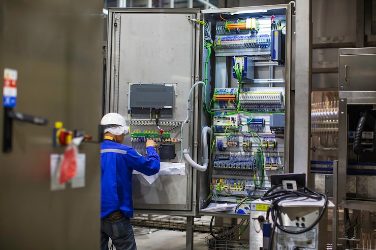 Photo electrician engineer tests electrical box control machine installations and wires on inside factory