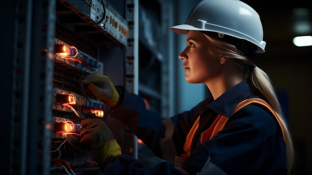 Фото Женщина-инженер-электрик ремонтирует проводку в электрической распределительной панели, устраняя неполадки в электрической станции