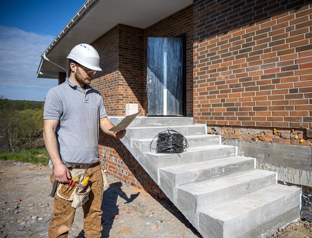 An electrician holds a construction drawing in his hands and inspects a working object.