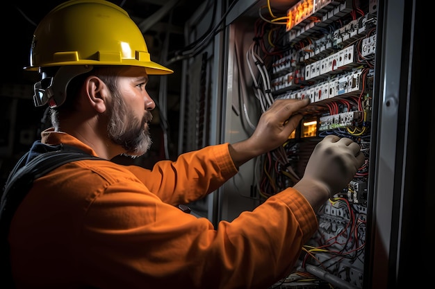 An electrician inspects equipment in an electrical panel