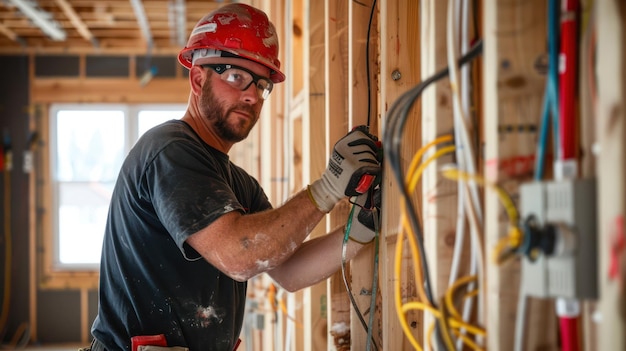 An electrician installing wiring in a new construction site