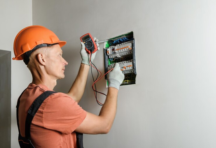 The electrician is checking with a multimeter the correctness of the connection of the circuit breaker.