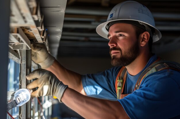 An electrician is repairing the lights in a newly renovated apartment Structure