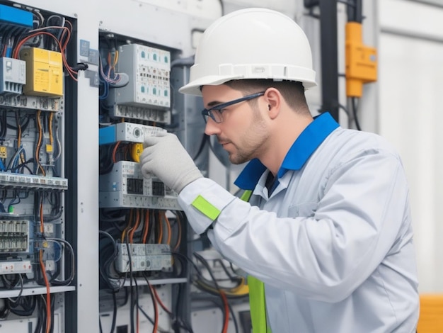 Electrician looking to control panel in the workplace Engineer works in the industrial quality contr