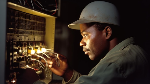 写真 電気技師 男性 アフリカ系アメリカ人 中年 商業ビルの電気システムおよび機器の設置および修理 ジェネレーティブ ai aig22