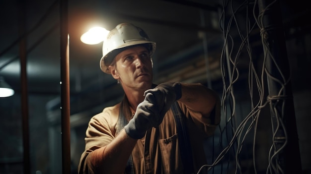 Electrician Male Caucasian 40s Installing electrical wires in Construction site Generative AI AIG22