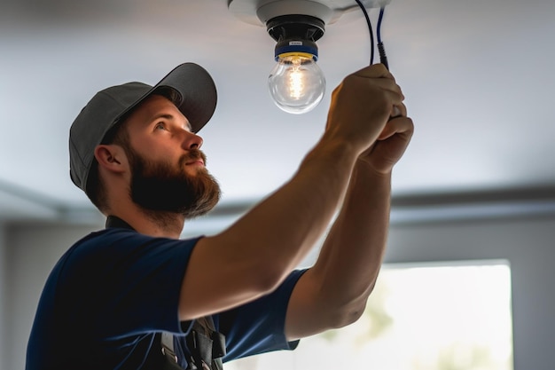 ジェネレーティブ AI を使用して明るいリビング ルームに天井ランプを取り付ける電気技師の男性労働者