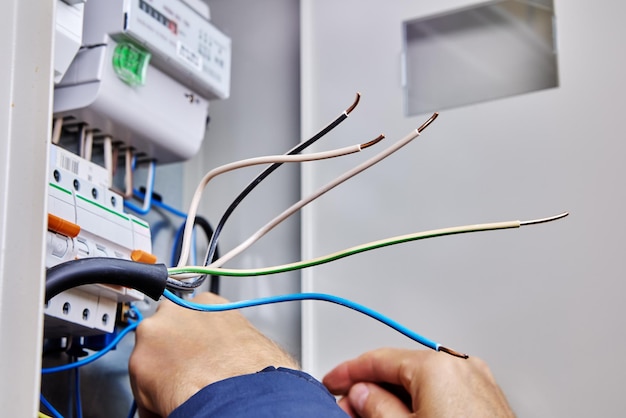 Electrician prepared threephase power cable for connection in external electrical panel