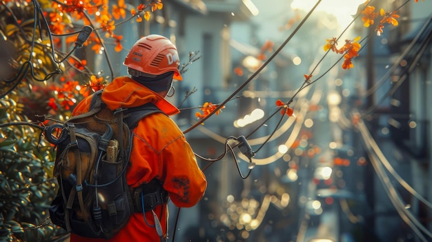 Electrician in protective suit and respirator on high voltage power lines