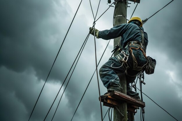 Electrician Repairing Power Lines During A Heavy Storm