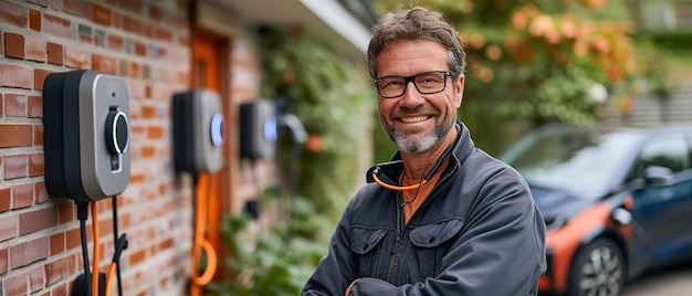 Electrician smiling and installing a home car electric charge