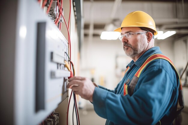 Electrician testing control panel with multimeter