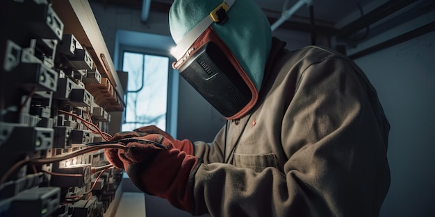 Electrician wearing insulated gloves and using a voltage meter to safely work with live wires Generative AI